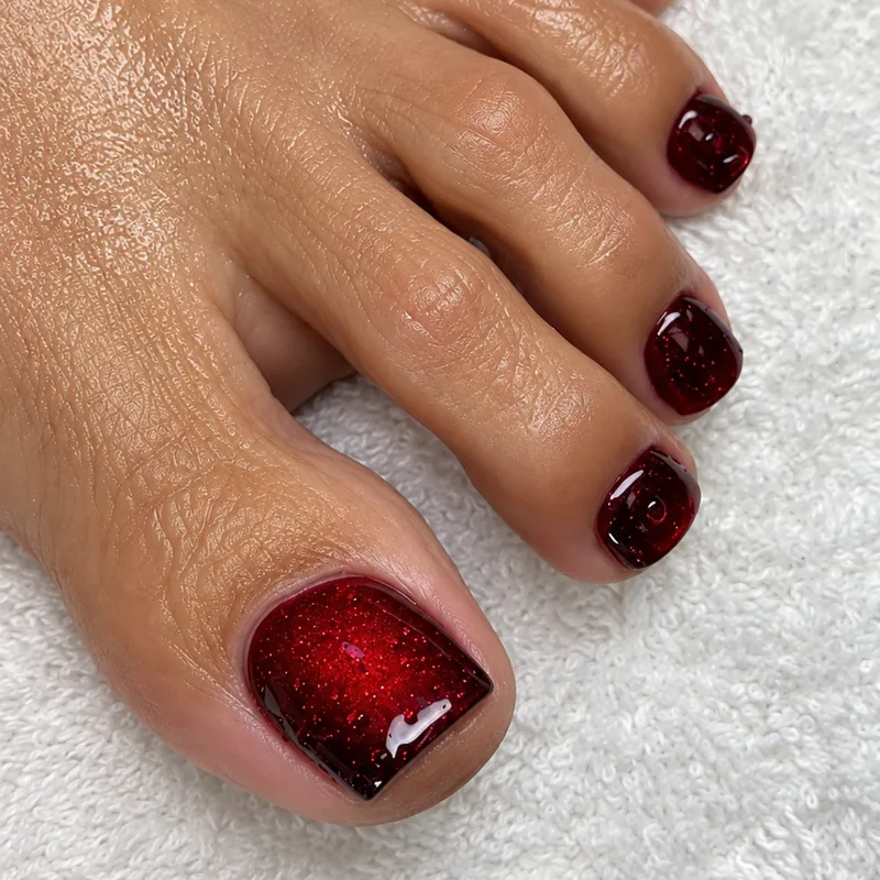 Glossy deep-ruby shimmer gel pedicure with clean cuticles on a white towel